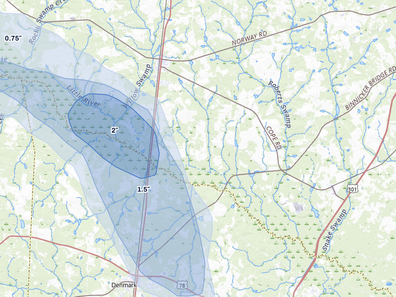 NEXRAD radar-signature map of the hail storm over Norway, SC on Aug 13, 2026