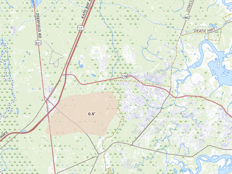 Radar-estimated hail-size map of the storm over Okatie, SC on Apr 5, 2026