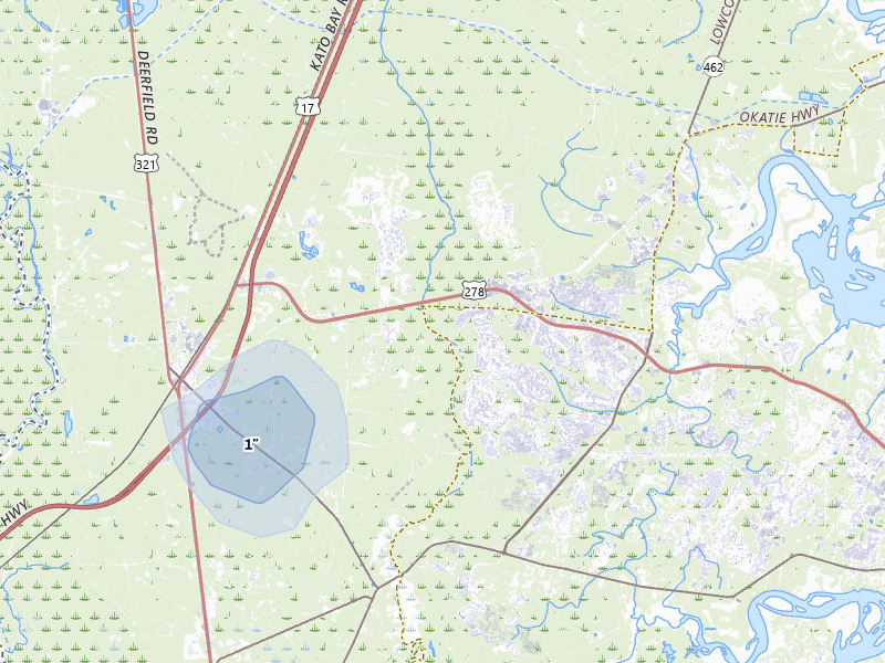 NEXRAD radar-signature map of the hail over Okatie, SC