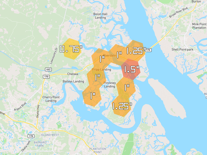 Hail map of Okatie, SC on Jul 10, 2026, hail up to 1.5"