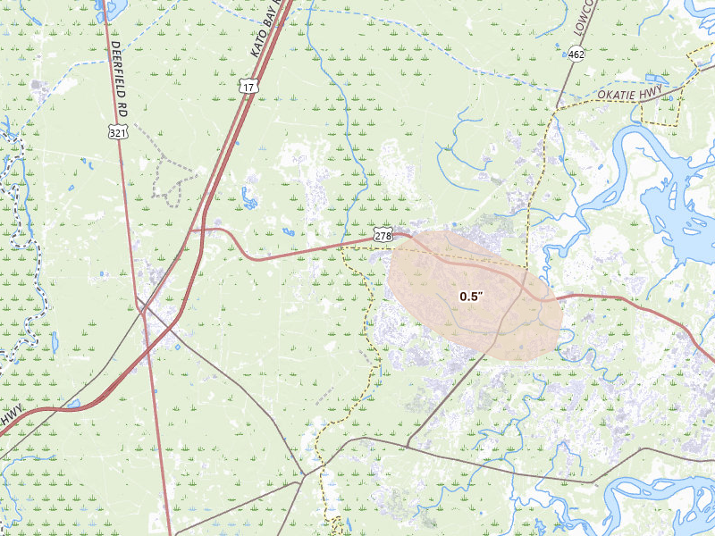 Radar-estimated hail-size map of the storm over Okatie, SC on Jul 24, 2026
