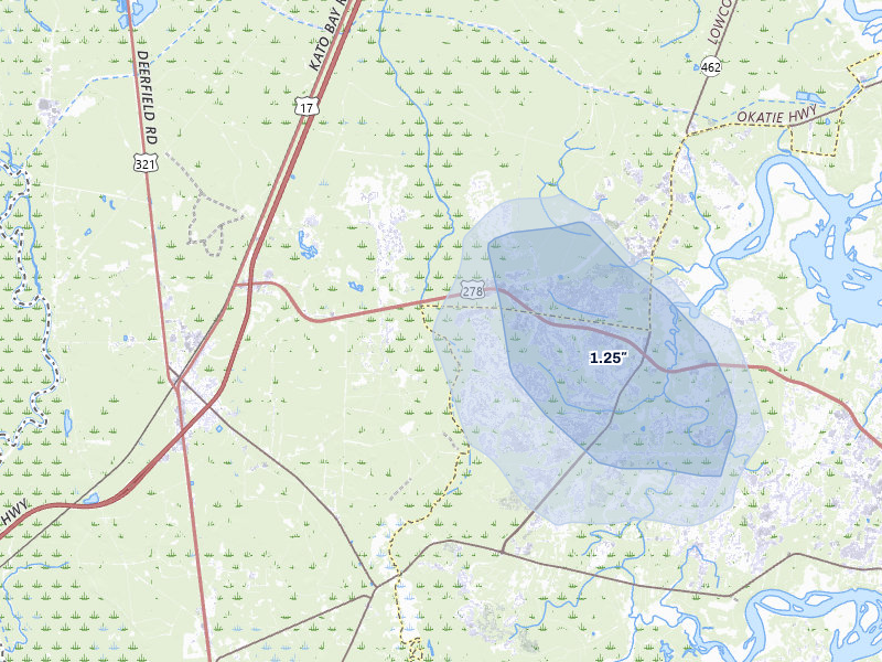 NEXRAD radar-signature map of the hail storm over Okatie, SC on Jul 24, 2026