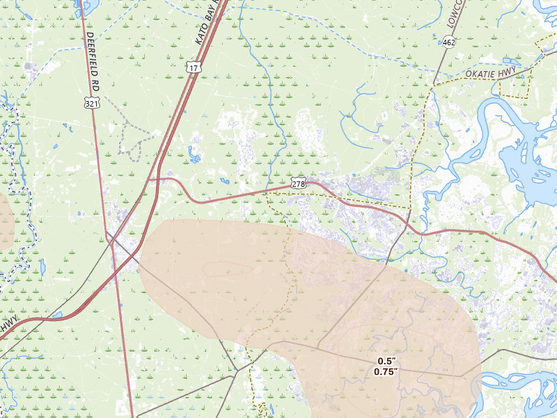 Radar-estimated hail-size map of the storm over Okatie, SC on Aug 11, 2026