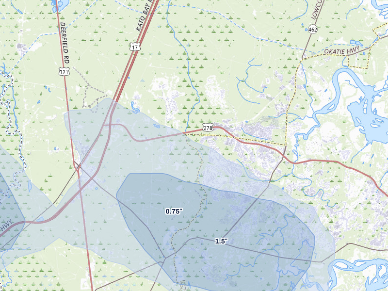 NEXRAD radar-signature map of the hail storm over Okatie, SC on Aug 11, 2026