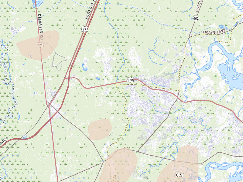 Radar-estimated hail-size map of the storm over Okatie, SC on Aug 22, 2026