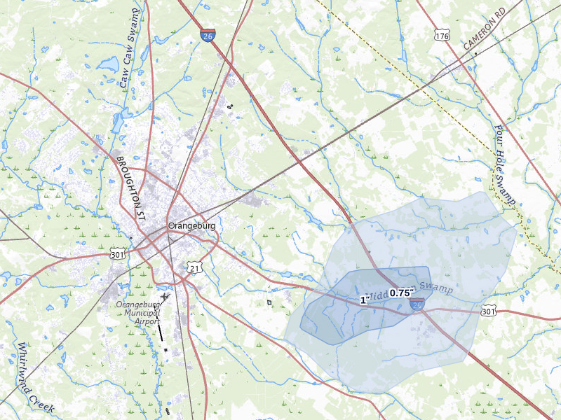 NEXRAD radar-signature map of the hail storm over Orangeburg, SC on May 27, 2026