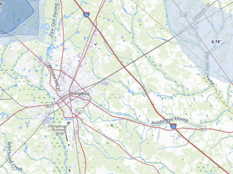 NEXRAD radar-signature map of the hail storm over Orangeburg, SC on Jul 5, 2026
