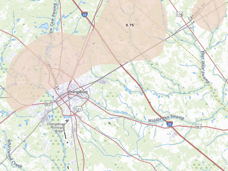 Radar-estimated hail-size map of the storm over Orangeburg, SC on Jul 12, 2026