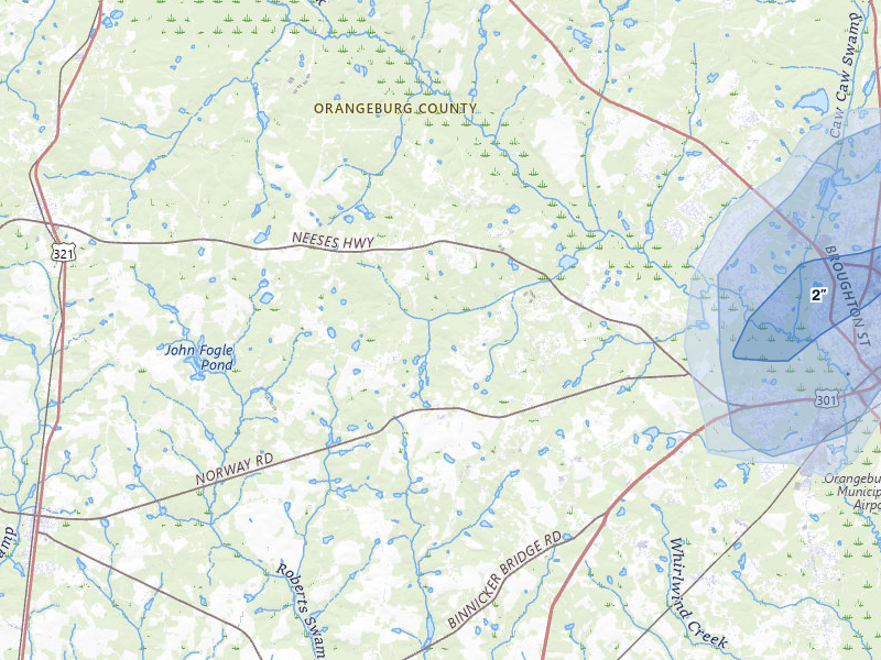 NEXRAD radar-signature map of the hail storm over Orangeburg, SC on Jul 12, 2026