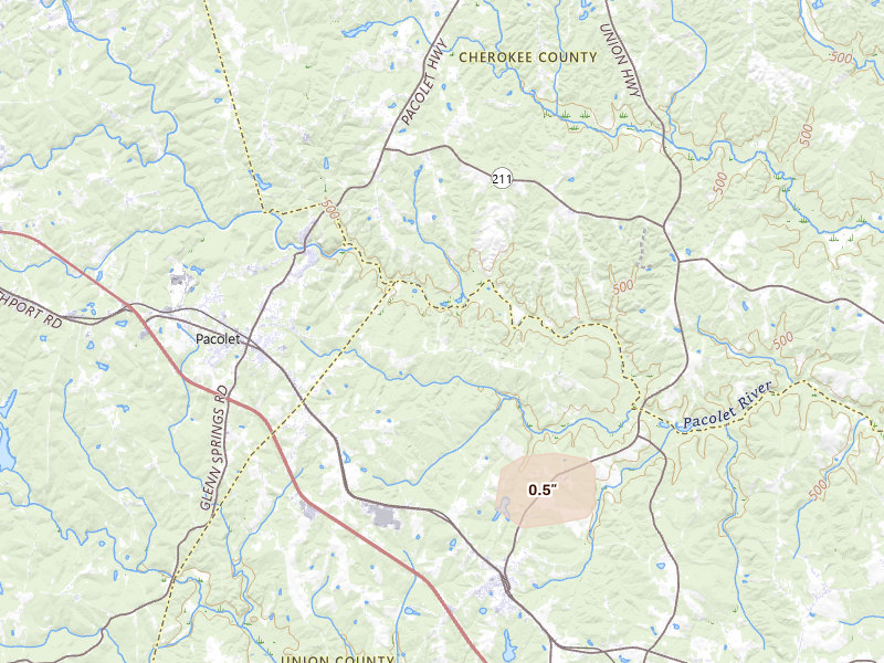 Radar-estimated hail-size map of the storm over Pacolet, SC on Jul 17, 2026