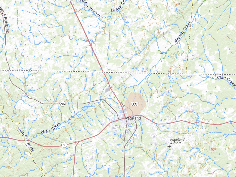 Radar-estimated hail-size map of the storm over Pageland, SC on Jul 5, 2026