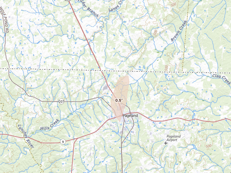 Radar-estimated hail-size map of the storm over Pageland, SC on Aug 6, 2026