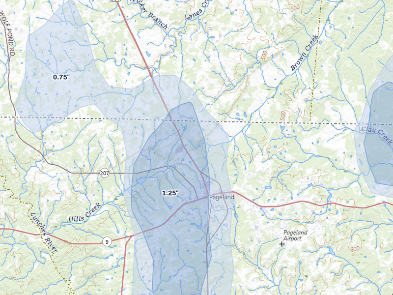 NEXRAD radar-signature map of the hail storm over Pageland, SC on Aug 6, 2026