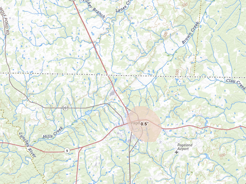 Radar-estimated hail-size map of the storm over Pageland, SC on Aug 21, 2026