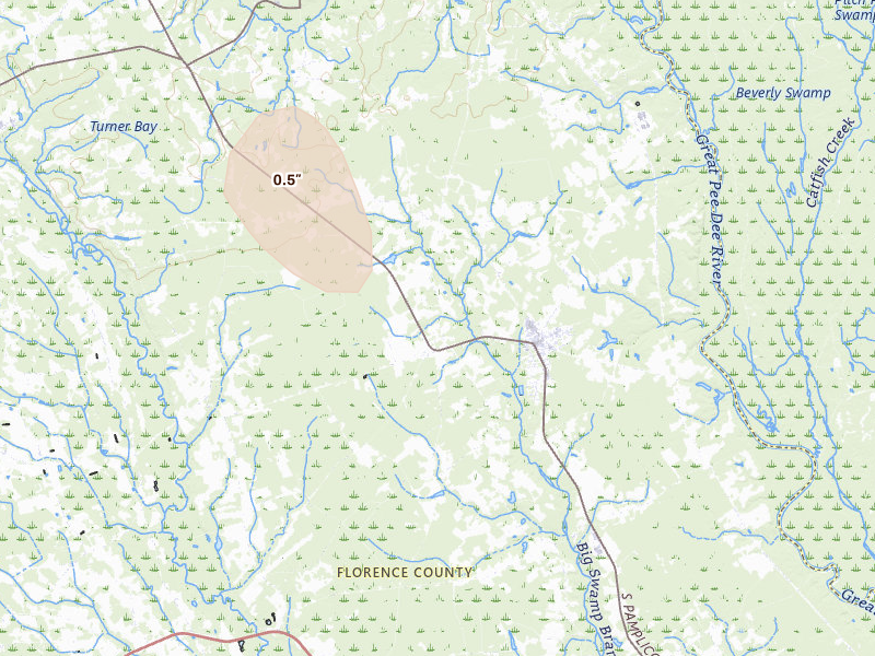 Radar-estimated hail-size map of the storm over Pamplico, SC on Jun 13, 2026
