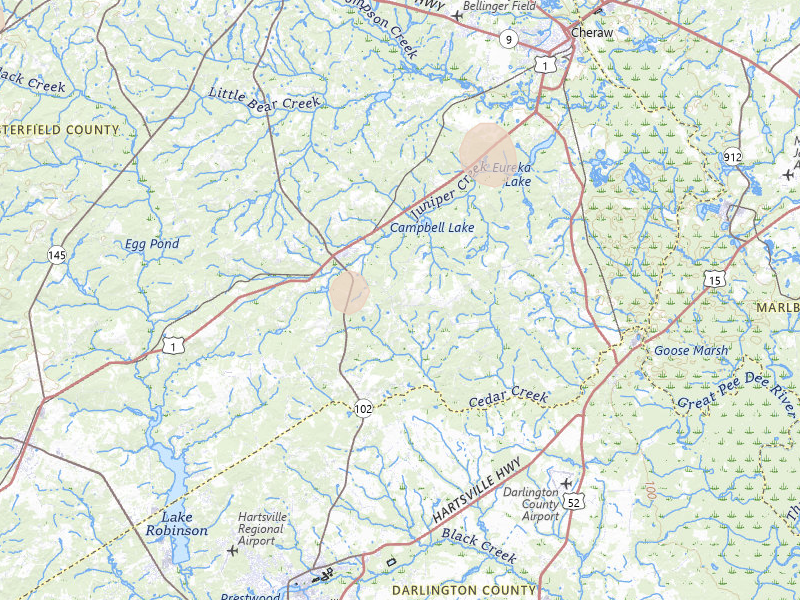 Radar-estimated hail-size map of the storm over Patrick, SC on Jul 5, 2026