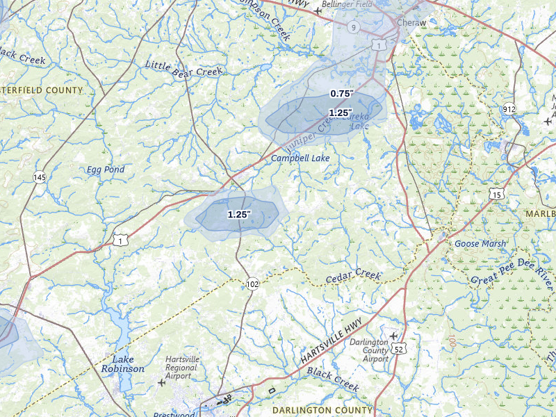 NEXRAD radar-signature map of the hail storm over Patrick, SC on Jul 5, 2026