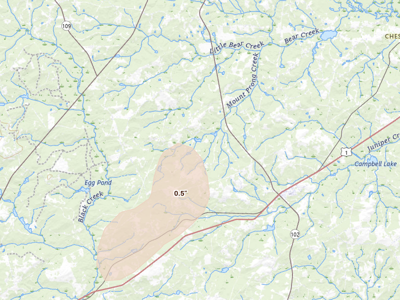 Radar-estimated hail-size map of the storm over Patrick, SC on Aug 15, 2026