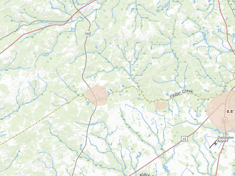 Radar-estimated hail-size map of the storm over Patrick, SC on Aug 23, 2026