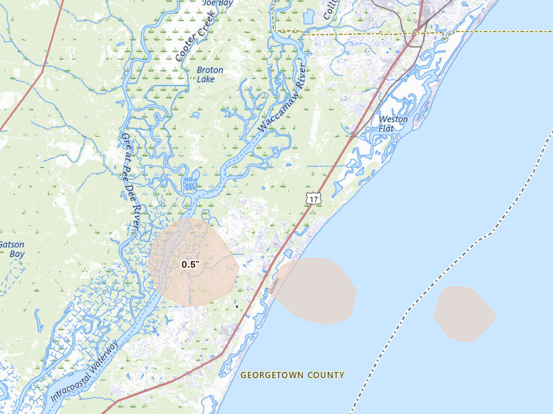 Radar-estimated hail-size map of the storm over Pawleys Island, SC on May 11, 2026