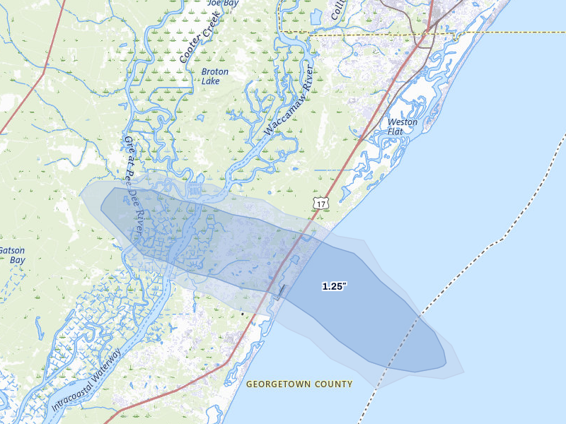 NEXRAD radar-signature map of the hail storm over Pawleys Island, SC on May 11, 2026