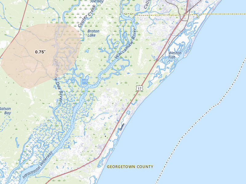 Radar-estimated hail-size map of the storm over Pawleys Island, SC on Jun 14, 2026