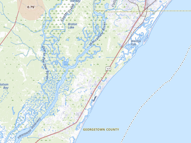 Radar-estimated hail-size map of the storm over Pawleys Island, SC on Jul 24, 2026