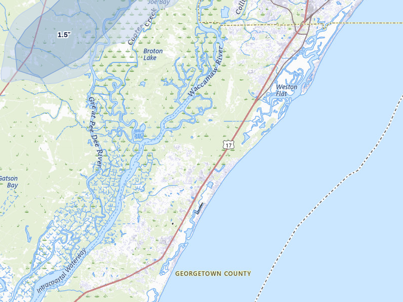 NEXRAD radar-signature map of the hail storm over Pawleys Island, SC on Jul 24, 2026