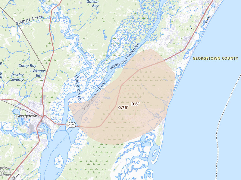 Radar-estimated hail-size map of the storm over Pawleys Island, SC on Aug 23, 2026