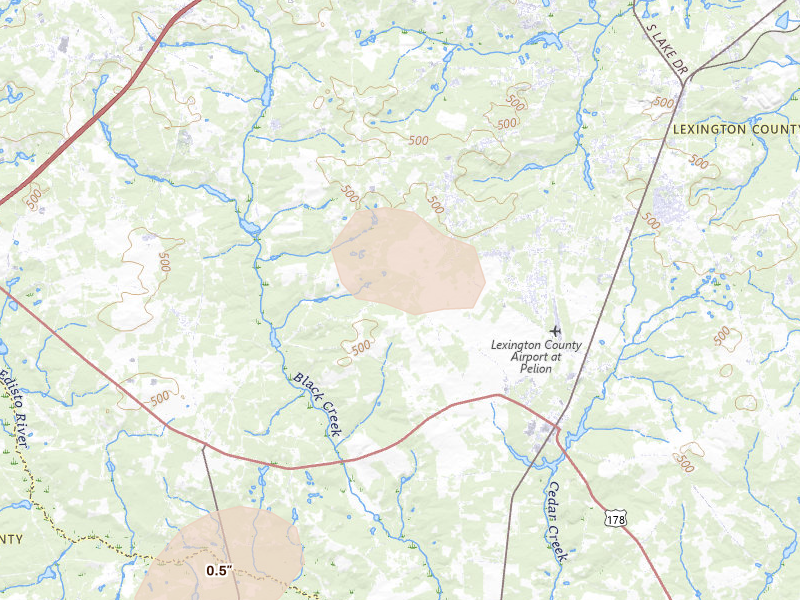 Radar-estimated hail-size map of the storm over Pelion, SC on Jun 14, 2026