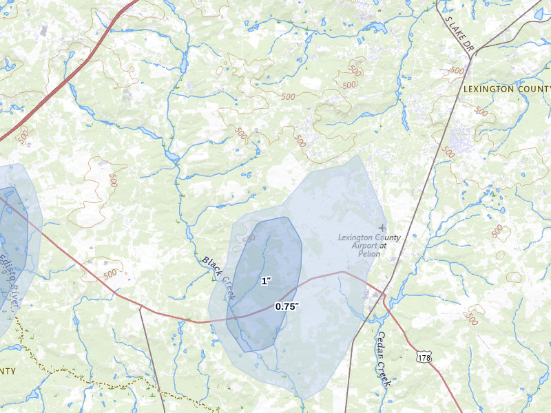 NEXRAD radar-signature map of the hail storm over Pelion, SC on Jul 6, 2026