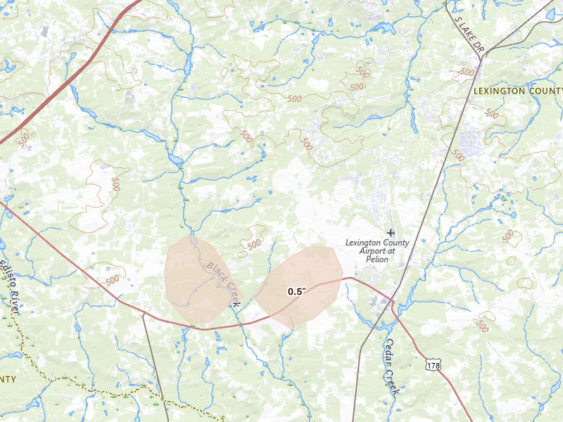 Radar-estimated hail-size map of the storm over Pelion, SC on Aug 20, 2026