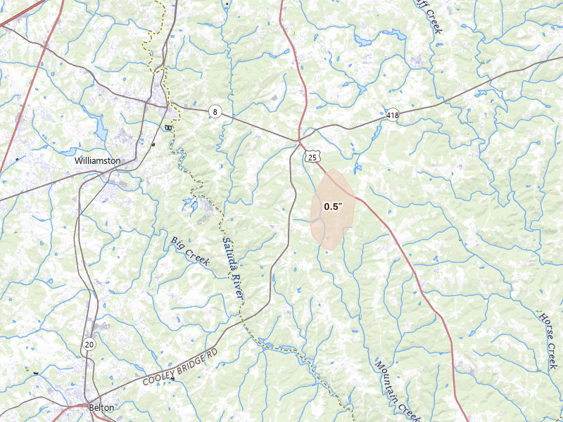 Radar-estimated hail-size map of the storm over Pelzer, SC on Jun 29, 2026