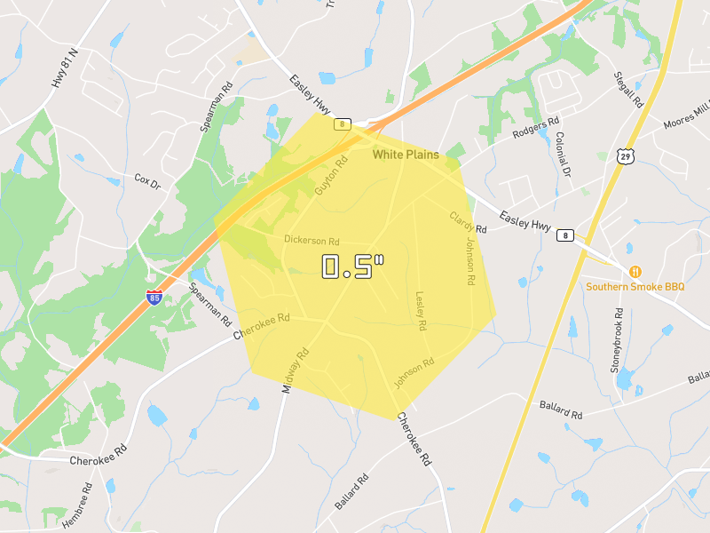 Hail map of Pelzer, SC on Jul 2, 2026, hail up to 0.5"