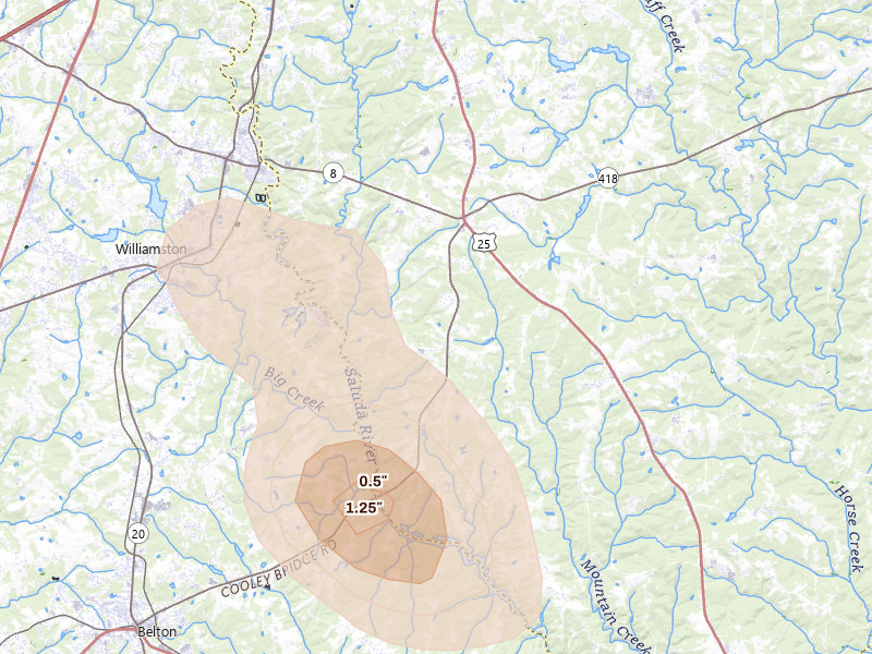 Radar-estimated hail-size map of the storm over Pelzer, SC
