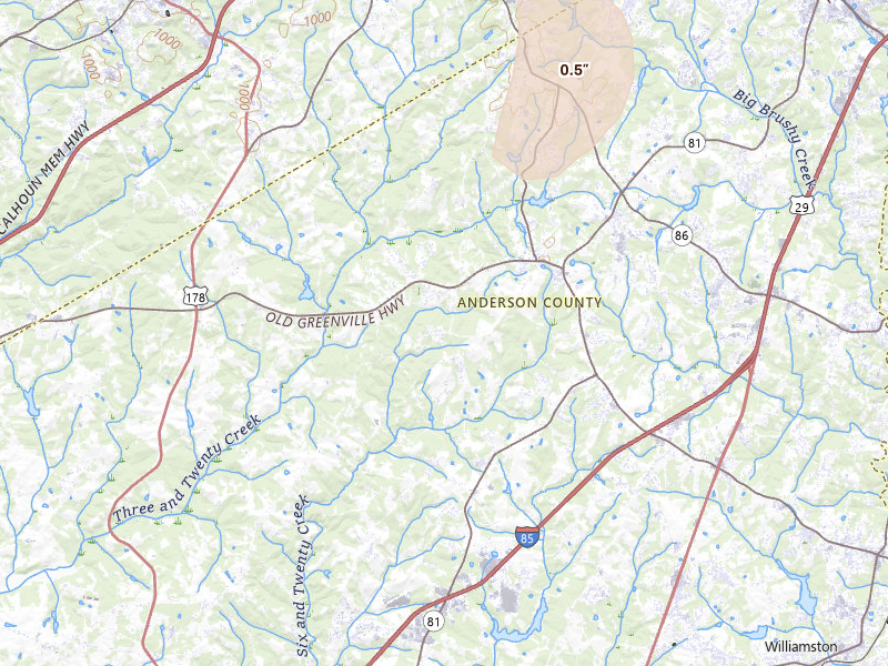 Radar-estimated hail-size map of the storm over Pendleton, SC on Jun 29, 2026