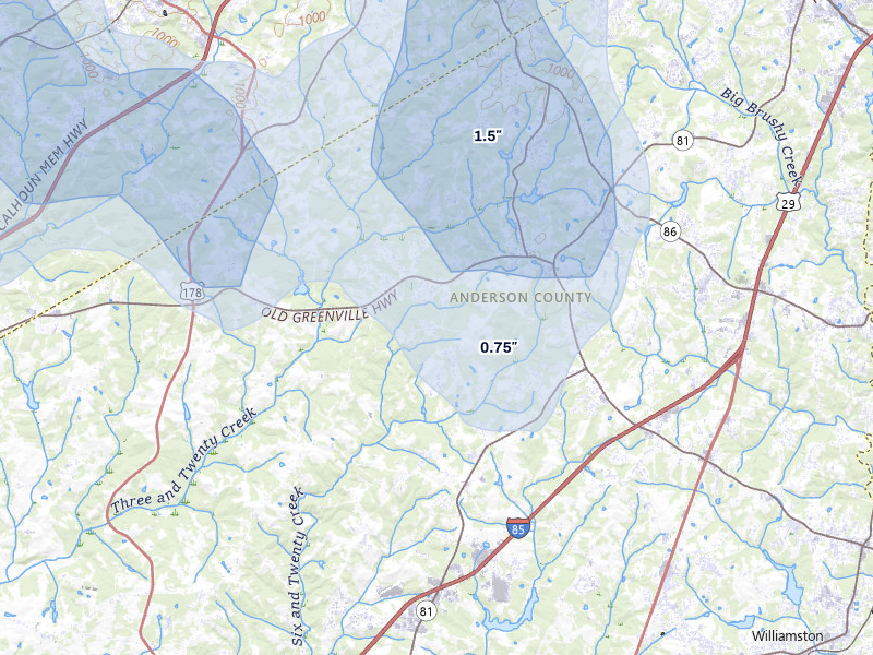 NEXRAD radar-signature map of the hail storm over Pendleton, SC on Jun 29, 2026