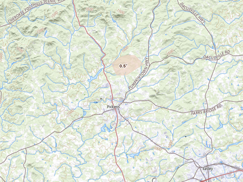 Radar-estimated hail-size map of the storm over Pickens, SC on Jul 19, 2026