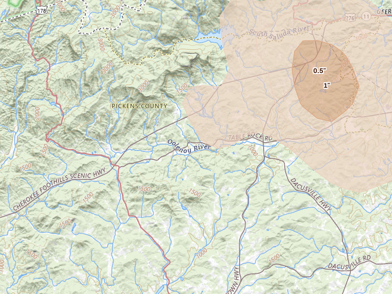 Radar-estimated hail-size map of the storm over Pickens, SC on Aug 11, 2026