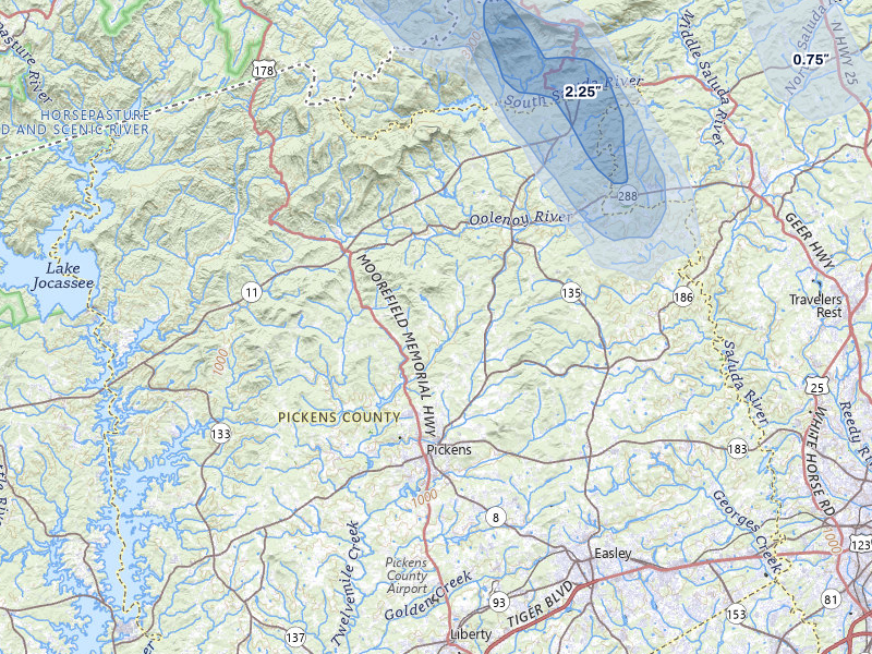 NEXRAD radar-signature map of the hail storm over Pickens, SC on Aug 11, 2026