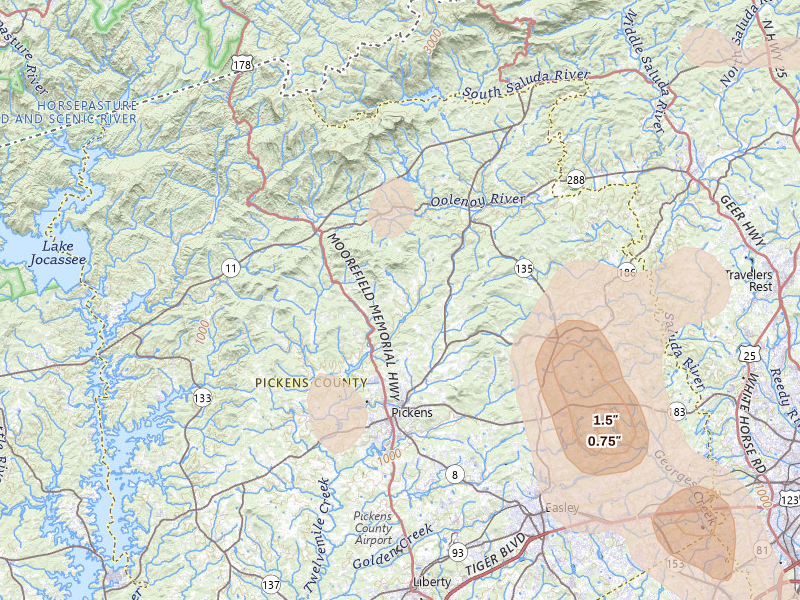 Radar-estimated hail-size map of the storm over Pickens, SC