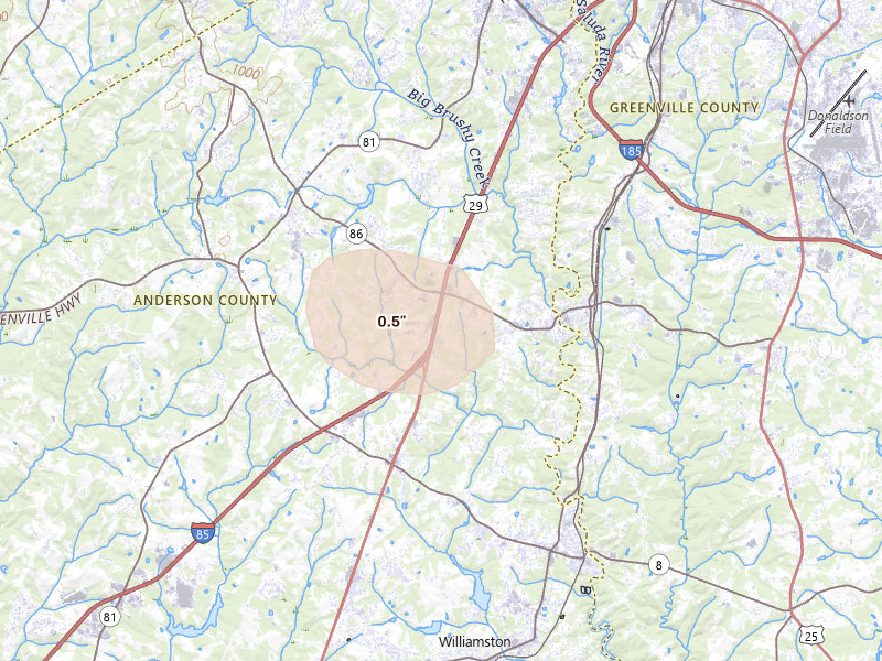 Radar-estimated hail-size map of the storm over Piedmont, SC on Jul 17, 2026