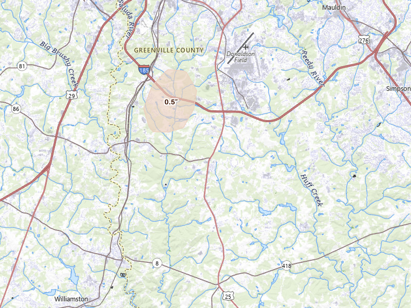 Radar-estimated hail-size map of the storm over Piedmont, SC on Aug 14, 2026
