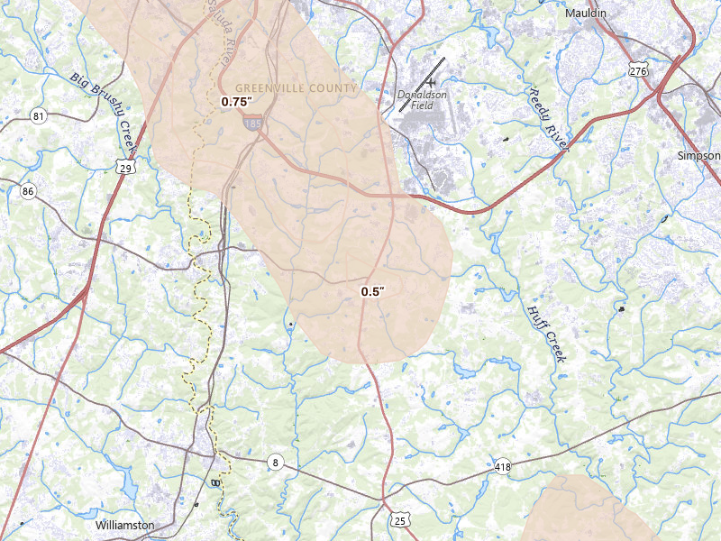 Radar-estimated hail-size map of the storm over Piedmont, SC