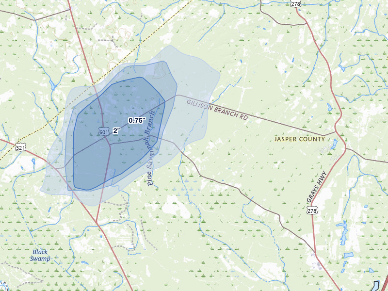NEXRAD radar-signature map of the hail storm over Pineland, SC on Jul 24, 2026