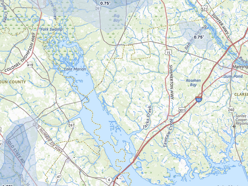NEXRAD radar-signature map of the hail over Pinewood, SC