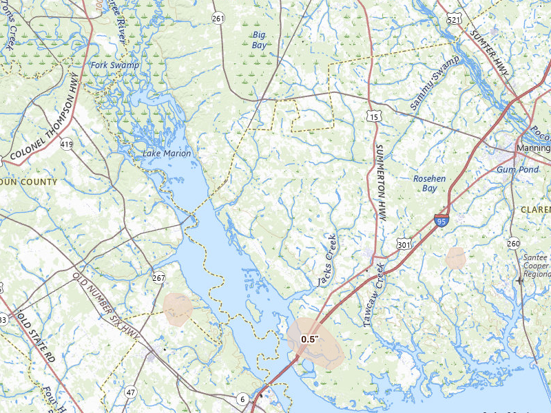 Radar-estimated hail-size map of the storm over Pinewood, SC on Jul 11, 2026