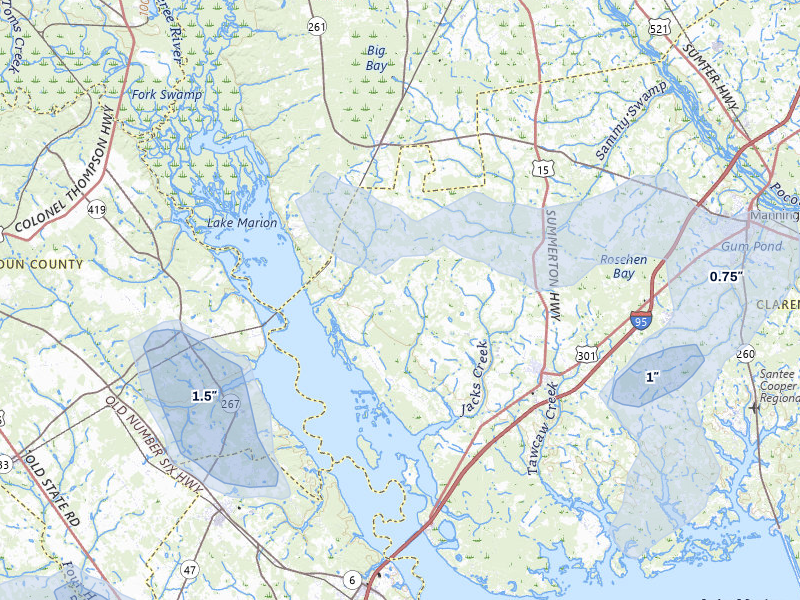 NEXRAD radar-signature map of the hail over Pinewood, SC
