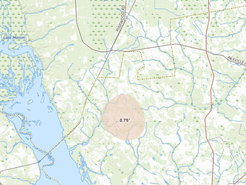 Radar-estimated hail-size map of the storm over Pinewood, SC on Aug 21, 2026
