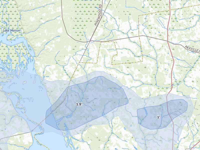 NEXRAD radar-signature map of the hail storm over Pinewood, SC on Aug 21, 2026